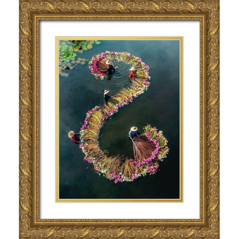 Harvesting Water Lilies 15 Gold Ornate Wood Framed Art Print with Double Matting by Tan Tuan, Nguyen