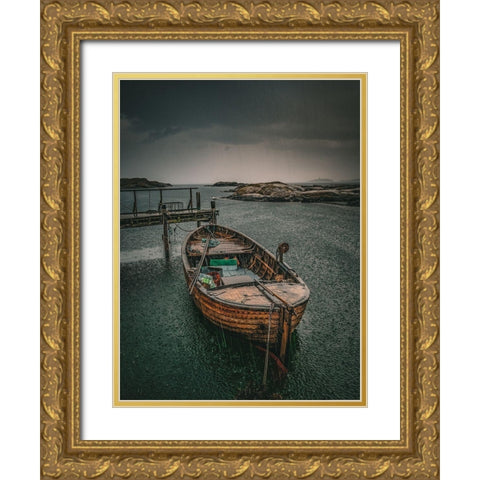 Old Fishingboat in the Rain Gold Ornate Wood Framed Art Print with Double Matting by Larsson, Dan