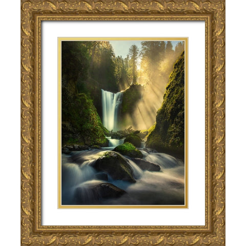 Misty Creek Falls Creek Gold Ornate Wood Framed Art Print with Double Matting by P, Ruiqing