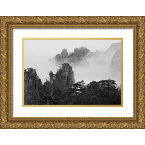 Huangshan Gold Ornate Wood Framed Art Print with Double Matting by Zhang, Yan