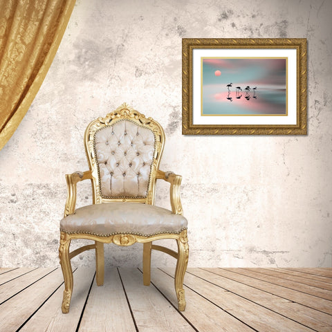 Family flamingos Gold Ornate Wood Framed Art Print with Double Matting by Natalia