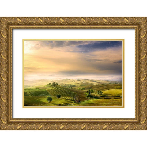 Podere Belvederes Sunrise Gold Ornate Wood Framed Art Print with Double Matting by Bratkovic, Arnaud