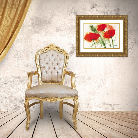 Coquelicots au vent I Gold Ornate Wood Framed Art Print with Double Matting by Marthe