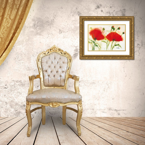 Coquelicots au vent II Gold Ornate Wood Framed Art Print with Double Matting by Marthe