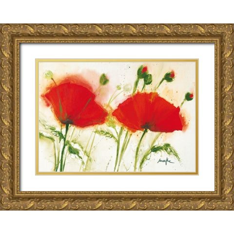 Coquelicots au vent II Gold Ornate Wood Framed Art Print with Double Matting by Marthe