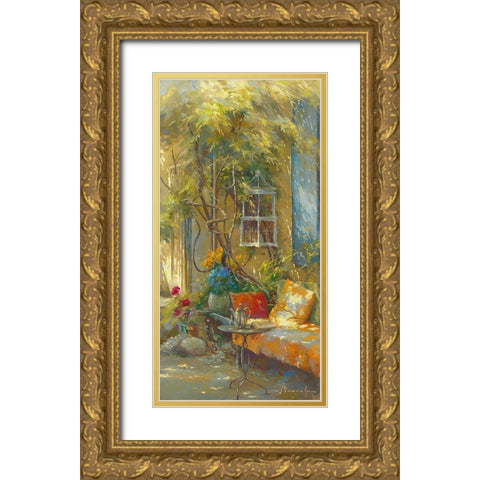 A l heure du the Gold Ornate Wood Framed Art Print with Double Matting by Messely, Johan