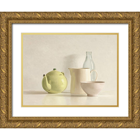 Yellow Teapot-Bottle-Bowl and Jug Gold Ornate Wood Framed Art Print with Double Matting by de Bont, Willem