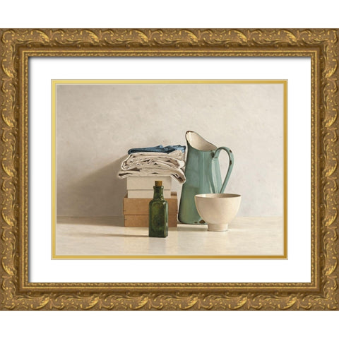 Two Boxes-Cloths-Bottle-Jug and Bowl Gold Ornate Wood Framed Art Print with Double Matting by de Bont, Willem