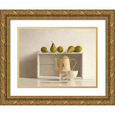 Five Pears on Box Gold Ornate Wood Framed Art Print with Double Matting by de Bont, Willem
