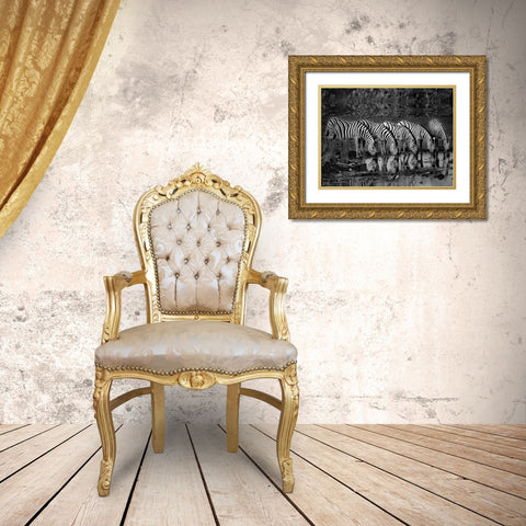 Zebras Reflection Gold Ornate Wood Framed Art Print with Double Matting by Ortega, Xavier