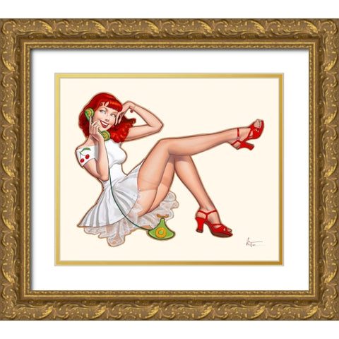 Cathy au telephone Gold Ornate Wood Framed Art Print with Double Matting by Hitte, Patrick