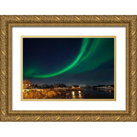 Ballstad Lofoten Nordlicht Gold Ornate Wood Framed Art Print with Double Matting by Fischer, Rolf