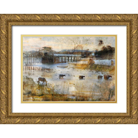 Pont en teck Gold Ornate Wood Framed Art Print with Double Matting by Le Visage, J-M