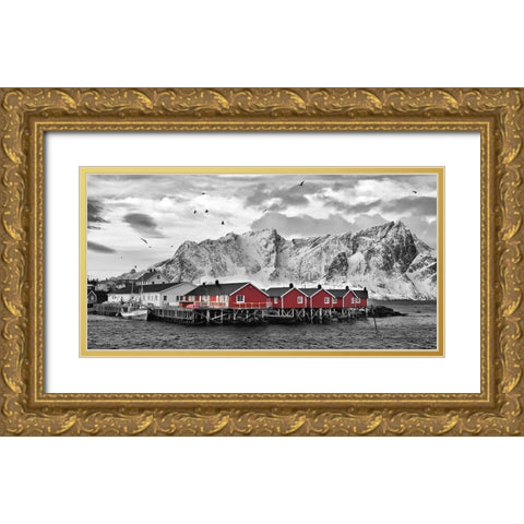 Lofoten Nahe Reine mit roten Hutten Gold Ornate Wood Framed Art Print with Double Matting by Fischer, Rolf
