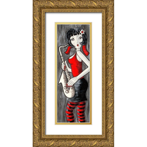 Brune au saxophone Gold Ornate Wood Framed Art Print with Double Matting by MIROTA