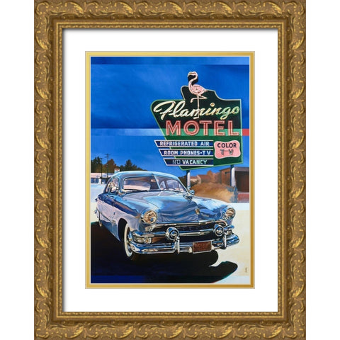 Flamingo Motel Gold Ornate Wood Framed Art Print with Double Matting by VAUTRIN