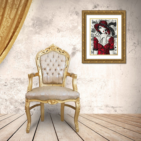 Chat sur robe rouge Gold Ornate Wood Framed Art Print with Double Matting by MIROTA
