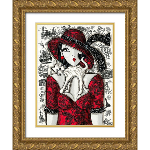 Chat sur robe rouge Gold Ornate Wood Framed Art Print with Double Matting by MIROTA