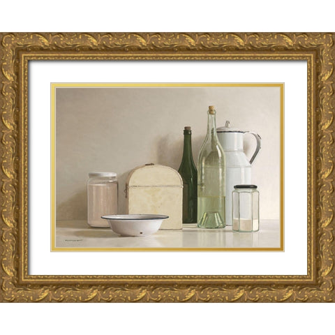 2 jars-2 bottles-jug-tin box and bowl Gold Ornate Wood Framed Art Print with Double Matting by de Bont, Willem