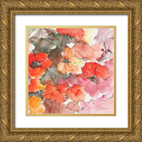 Floraison rouge Gold Ornate Wood Framed Art Print with Double Matting by Manero, Annie