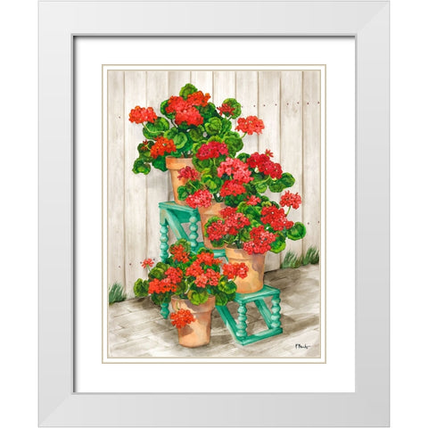 Spindle Shelf Geraniums - Beige White Modern Wood Framed Art Print with Double Matting by Brent, Paul