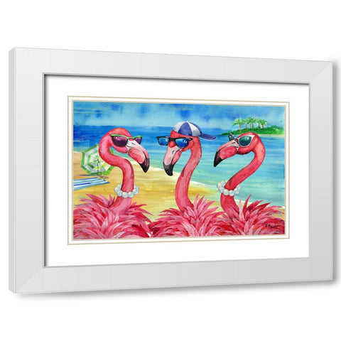 Flamingo Friends And Guy White Modern Wood Framed Art Print with Double Matting by Brent, Paul