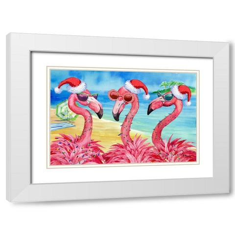 Holiday Flamingo Girlfriends Horizontal White Modern Wood Framed Art Print with Double Matting by Brent, Paul