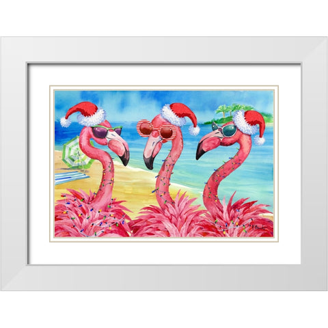 Holiday Flamingo Girlfriends Horizontal White Modern Wood Framed Art Print with Double Matting by Brent, Paul