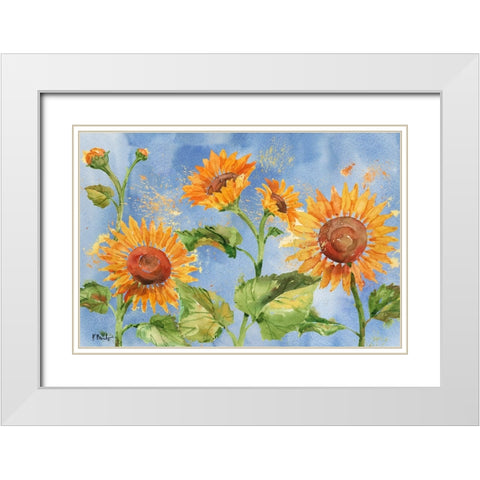 Arianna Sunflowers Horizontal - Sky Blue White Modern Wood Framed Art Print with Double Matting by Brent, Paul