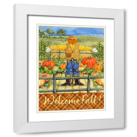 Scarecrow with Pumpkins Vertical White Modern Wood Framed Art Print with Double Matting by Brent, Paul