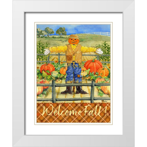 Scarecrow with Pumpkins Vertical White Modern Wood Framed Art Print with Double Matting by Brent, Paul