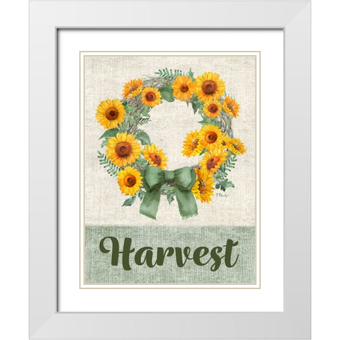 Sage Sunflowers Wreath Vertical White Modern Wood Framed Art Print with Double Matting by Brent, Paul