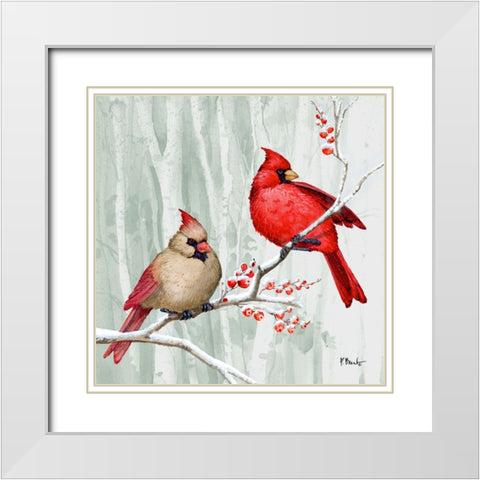 Snowy Cardinals I White Modern Wood Framed Art Print with Double Matting by Brent, Paul