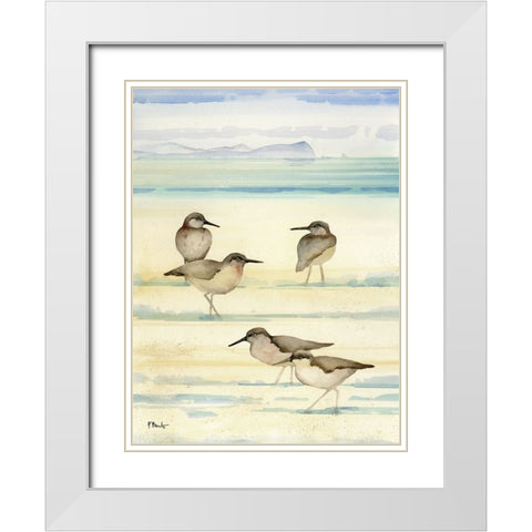 Oceanside Sandpipers Vertical White Modern Wood Framed Art Print with Double Matting by Brent, Paul