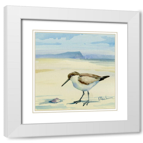 Oceanside Sandpiper and Shell White Modern Wood Framed Art Print with Double Matting by Brent, Paul