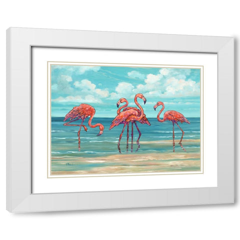 Summerset Flamingos Horizontal I White Modern Wood Framed Art Print with Double Matting by Brent, Paul