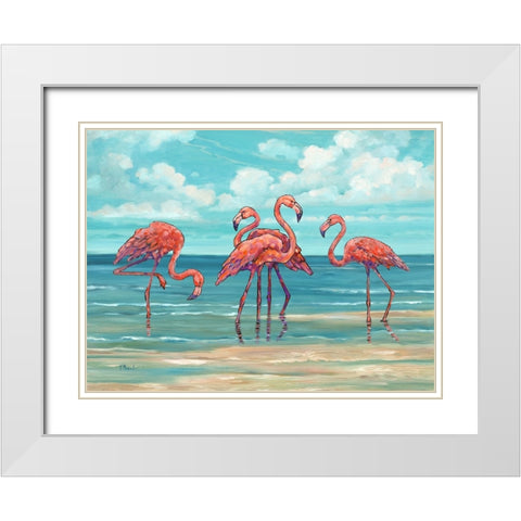 Summerset Flamingos Horizontal I White Modern Wood Framed Art Print with Double Matting by Brent, Paul