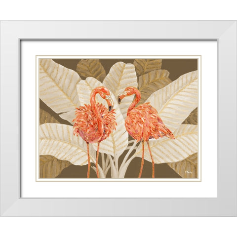 Martinique Flamingo Horizontal - Palms White Modern Wood Framed Art Print with Double Matting by Brent, Paul