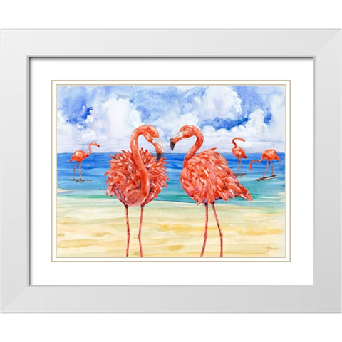 Martinique Flamingos Horizontal White Modern Wood Framed Art Print with Double Matting by Brent, Paul