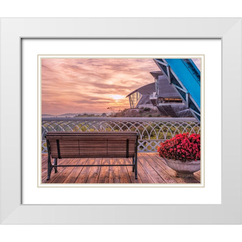 Walnut Bench and Hunter Morning White Modern Wood Framed Art Print with Double Matting by Lee, Rachel