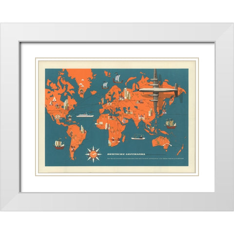 Deutsche Lufthansa Map White Modern Wood Framed Art Print with Double Matting by CAG