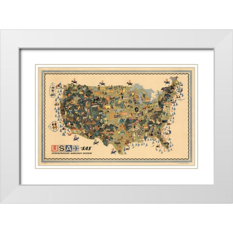 Scandinavian Airlines Map White Modern Wood Framed Art Print with Double Matting by CAG