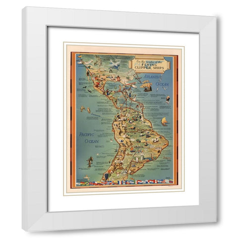Flying Clipper Ship Map White Modern Wood Framed Art Print with Double Matting by CAG