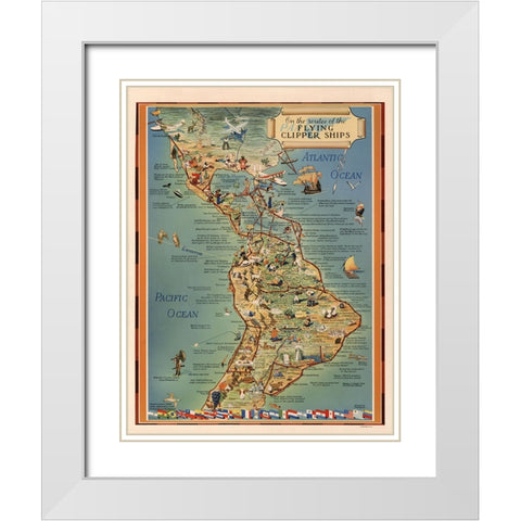 Flying Clipper Ship Map White Modern Wood Framed Art Print with Double Matting by CAG