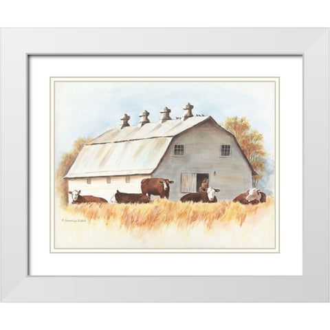 White Barn and Cattle White Modern Wood Framed Art Print with Double Matting by Babbitt, Gwendolyn