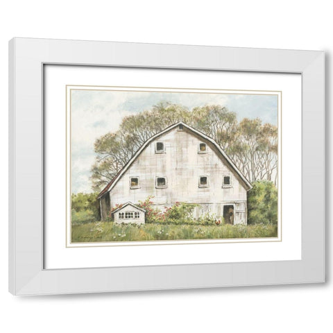 White Barn and Roses White Modern Wood Framed Art Print with Double Matting by Babbitt, Gwendolyn