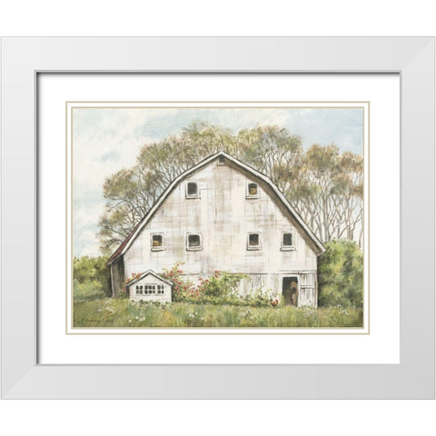 White Barn and Roses White Modern Wood Framed Art Print with Double Matting by Babbitt, Gwendolyn