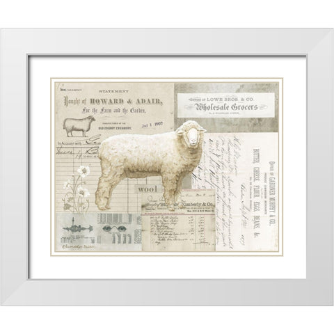 Sheep On Ephemera I White Modern Wood Framed Art Print with Double Matting by Babbitt, Gwendolyn