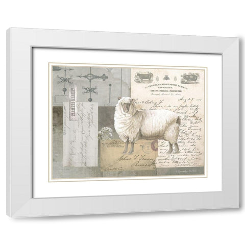 Sheep On Ephemera II White Modern Wood Framed Art Print with Double Matting by Babbitt, Gwendolyn