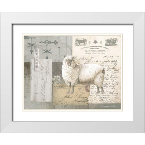 Sheep On Ephemera II White Modern Wood Framed Art Print with Double Matting by Babbitt, Gwendolyn